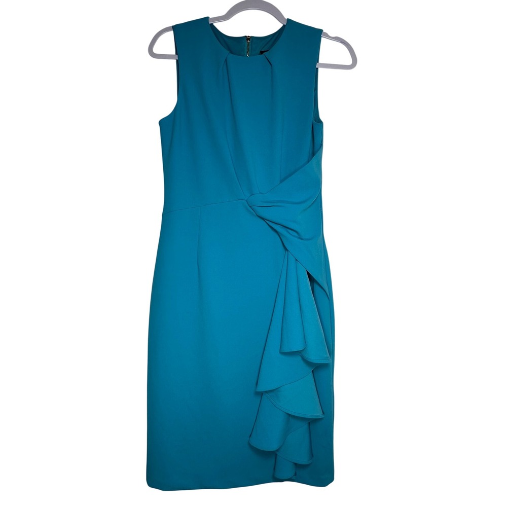 Tahari ASL Blue Ruffle Side Sheath Dress Size 4 Sleeveless Stretch Crepe